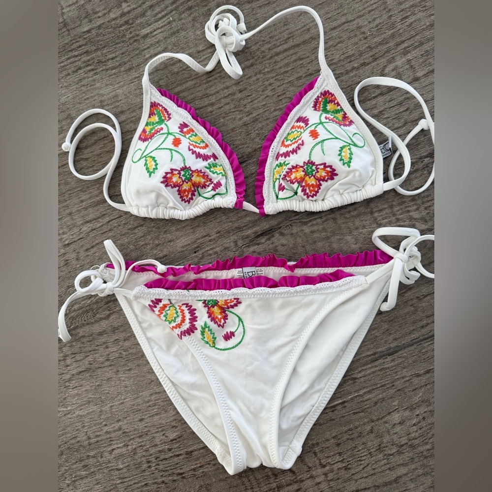 Becca bikini small bottom medium top embroidered ruffle edge *white & hot pink*